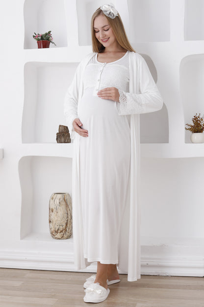 Dantelli Kol Sabahlıklı Lohusa Gecelik Takımı - 2283