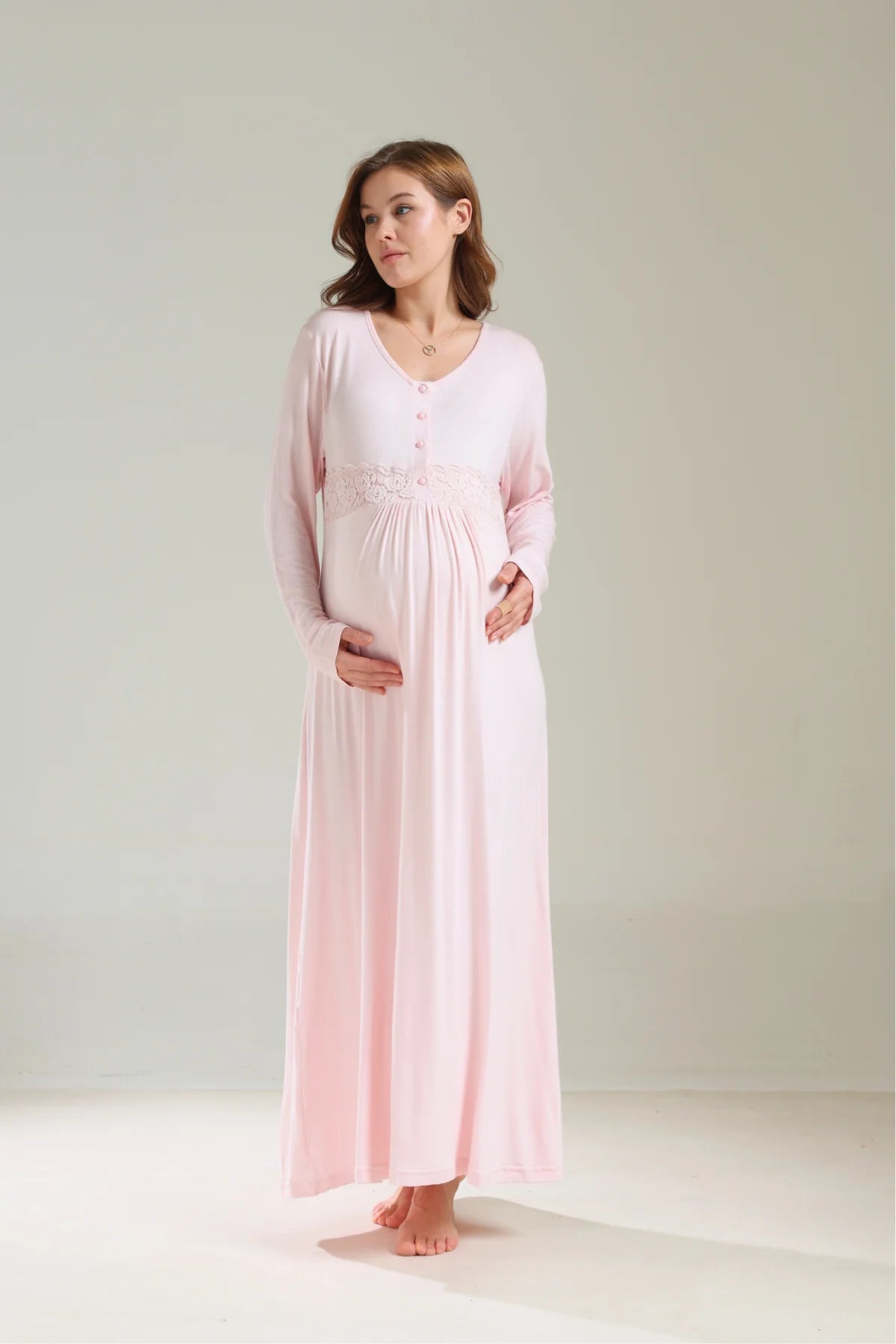 Yumuşak Dokulu Kalın Kışlık Sabahlıklı Lohusa Hamile Gecelik Takımı Pudra - 1037