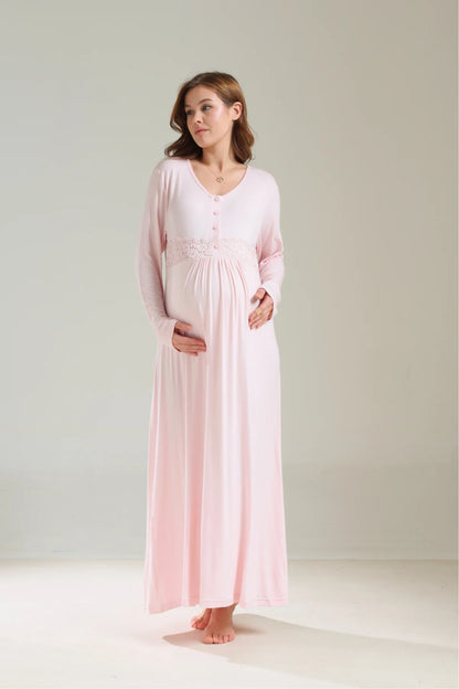Yumuşak Dokulu Kalın Kışlık Sabahlıklı Lohusa Hamile Gecelik Takımı Pudra - 1037