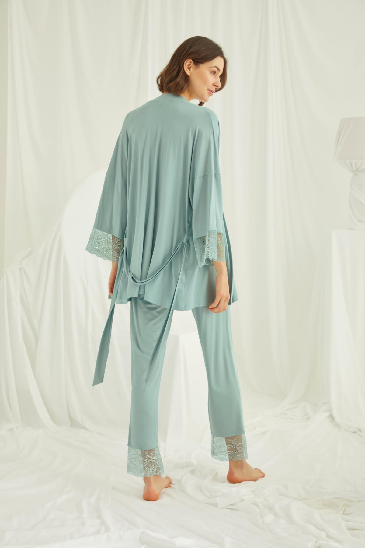 Askılı Dantelli Sabahlıklı Lohusa Pijama Takımı - 18469