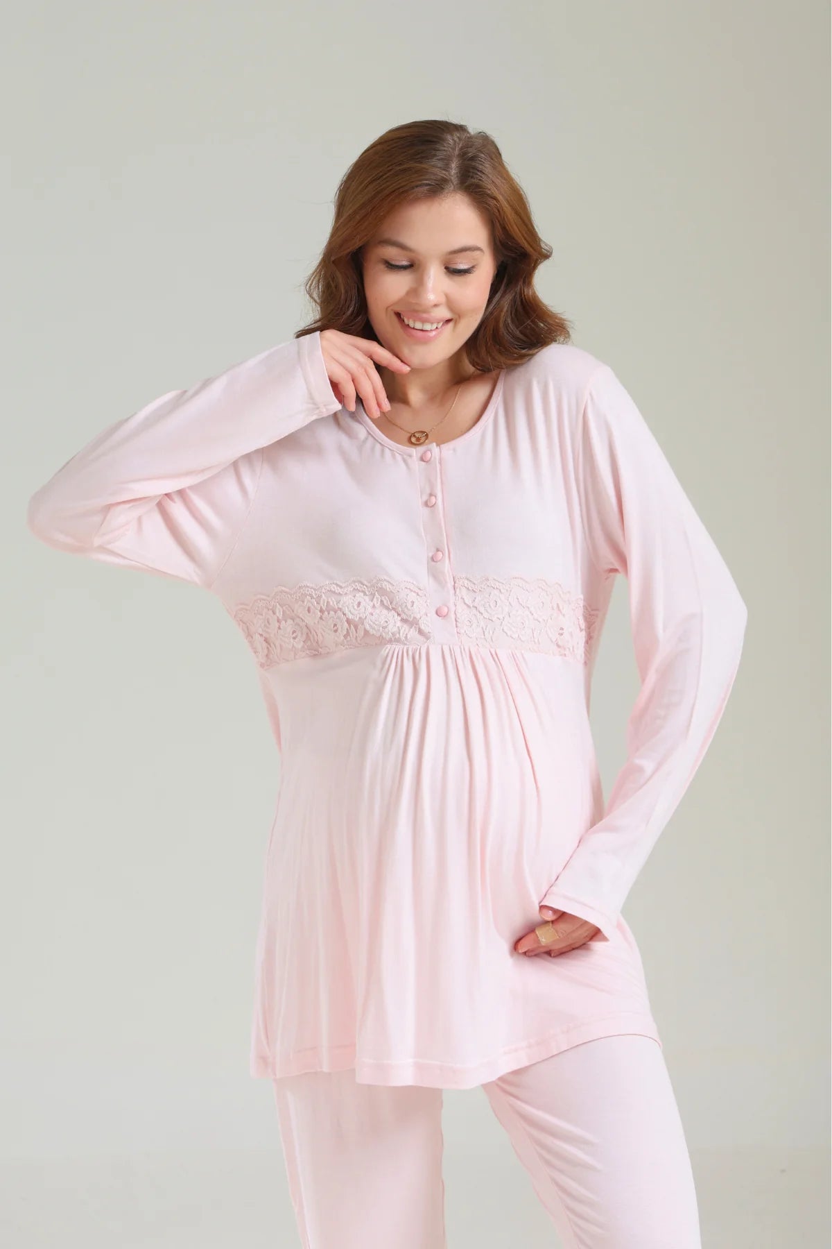 Yumuşak Dokulu Kışlık Önden Düğmeli Sabahlıklı Lohusa Hamile  3'Lü Pijama Takımı Pembe -1036