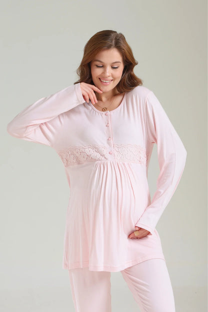 Yumuşak Dokulu Kışlık Önden Düğmeli Sabahlıklı Lohusa Hamile  3'Lü Pijama Takımı Pembe -1036
