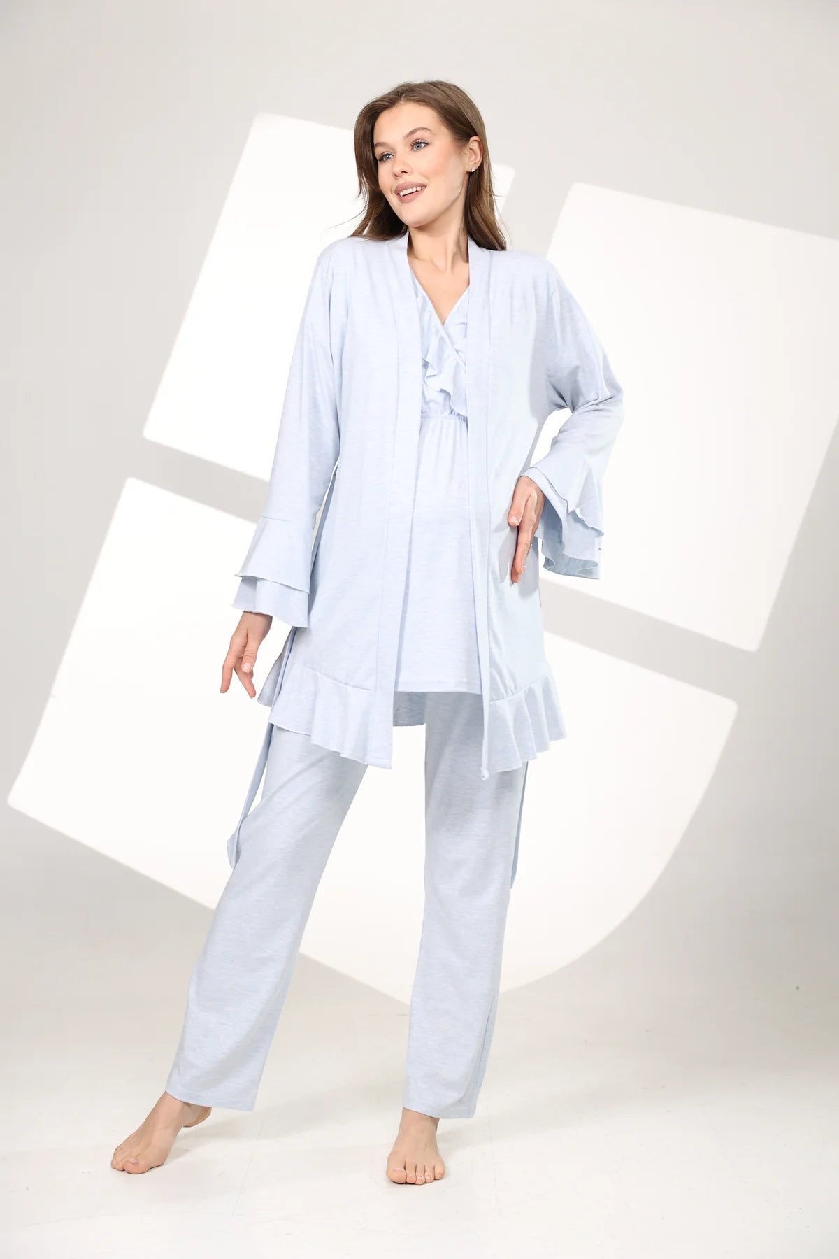 Yumuşak Dokulu Sabahlıklı Kruvaze Lohusa Hamile Pijama Takımı Mavi- 585