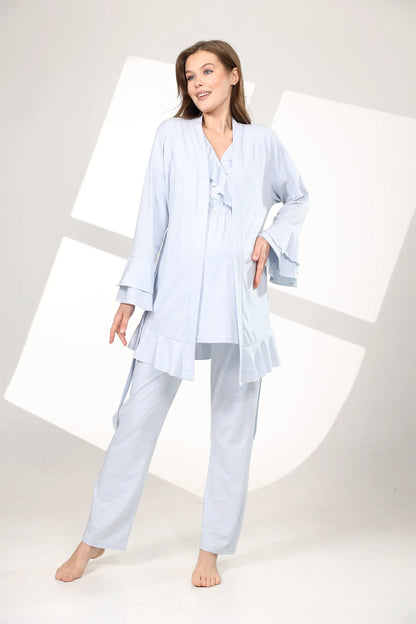 Yumuşak Dokulu Sabahlıklı Kruvaze Lohusa Hamile Pijama Takımı Mavi- 585