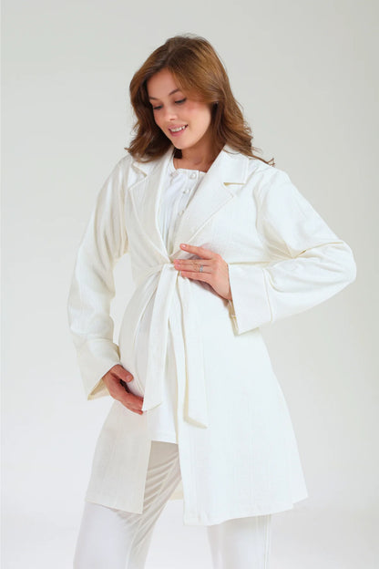 Jakarlı Kışlık Pamuklu Sabahlıklı 3'Lü Lohusa Hamile Pijama Takımı Ekru-1035