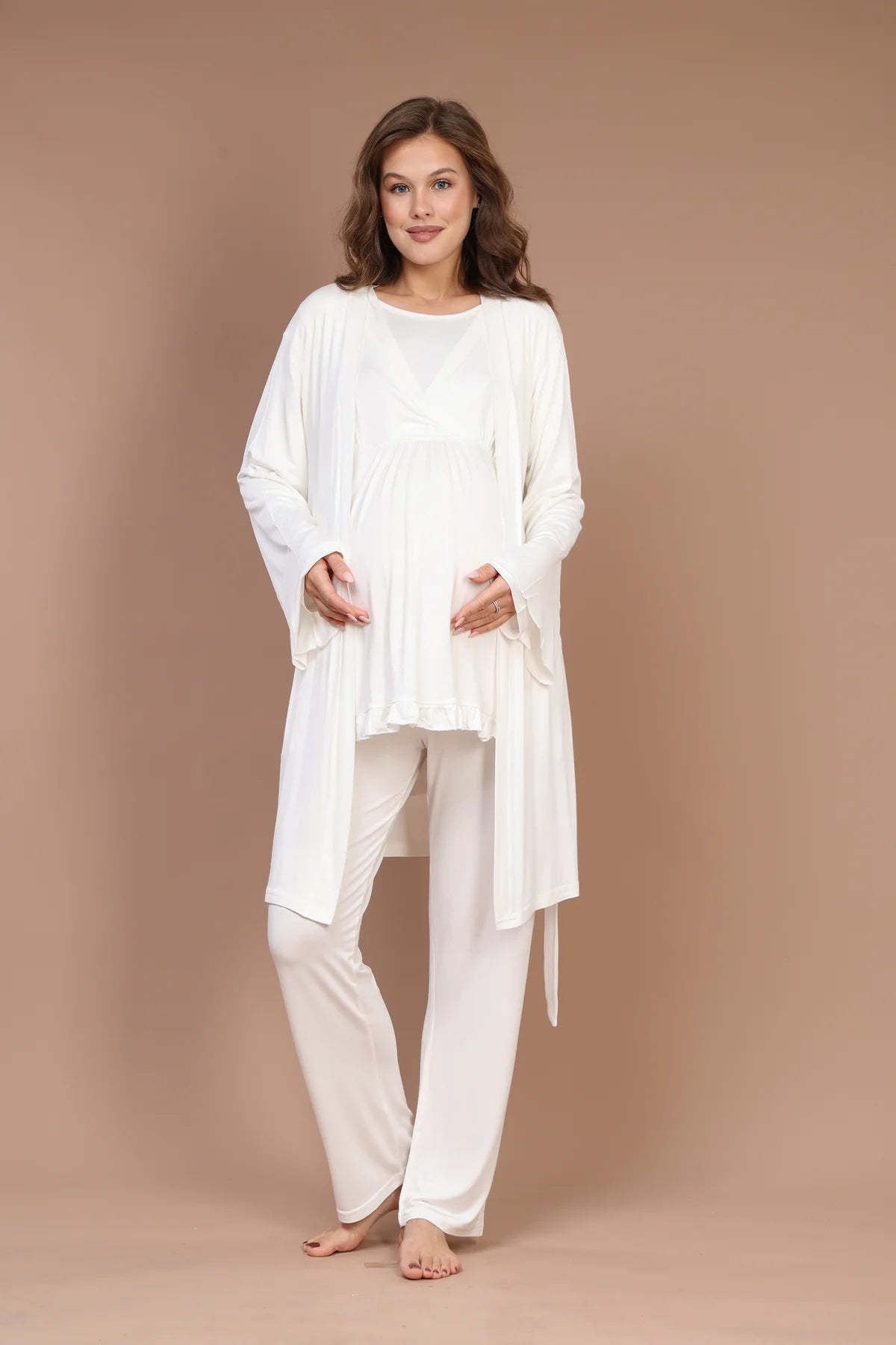 Kruvaze Uzun Kollu Lohusa Hamile 3'Lü Pijama Takımı Ekru - 624