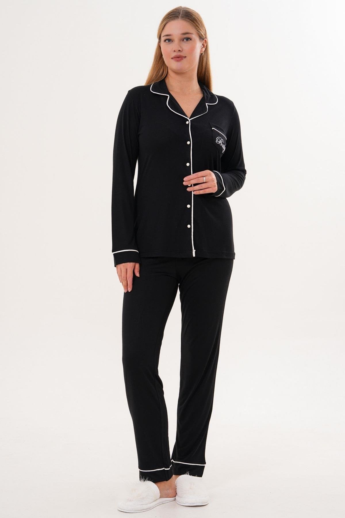 Sabahlık Gecelik Pijama 4'lü Set Siyah - 6335