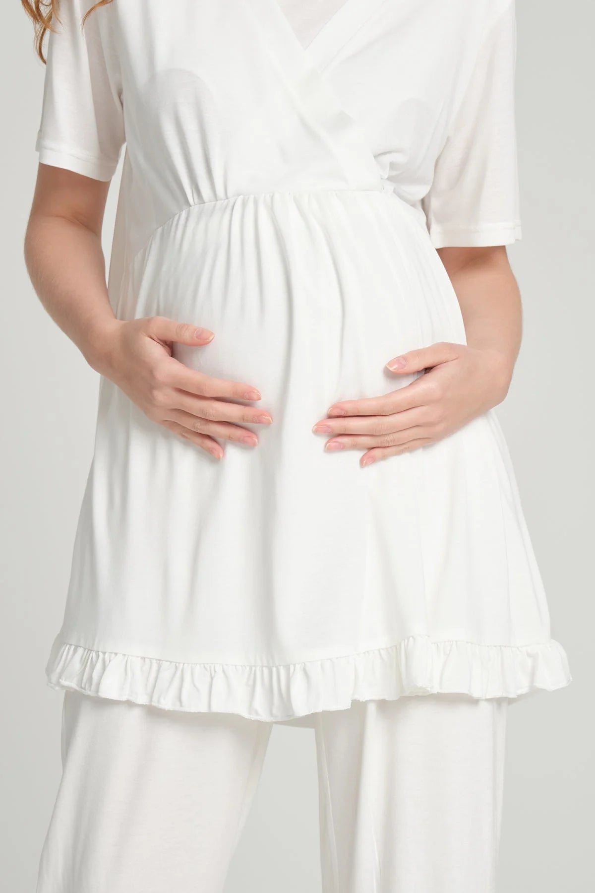 Volan Kol Sabahlıklı Kruvaze Lohusa Pijama Takımı Ekru - 2378