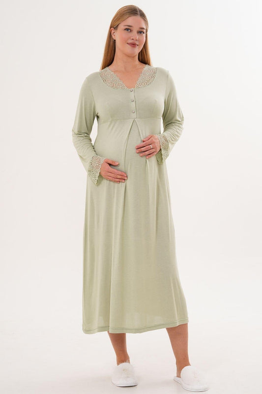 Önden Düğmeli Midi Boy Lohusa Hamile Gecelik Yeşil - 6305