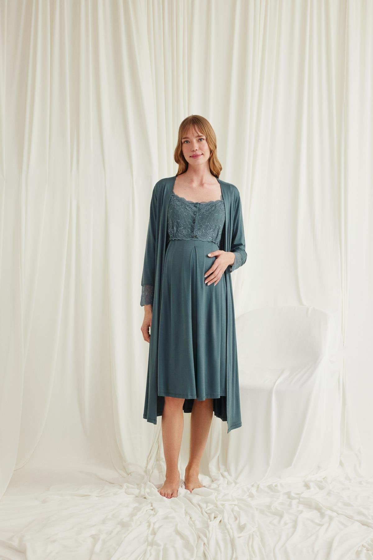 Önden Düğmeli Dantelli  Sabahlıklı Lohusa Hamile Gecelik Takımı - 18534