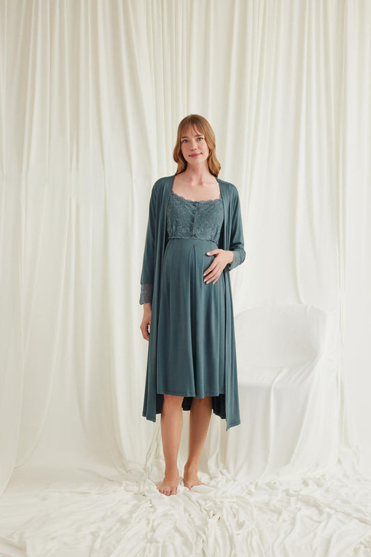 Önden Düğmeli Dantelli  Sabahlıklı Lohusa Hamile Gecelik Takımı - 18534