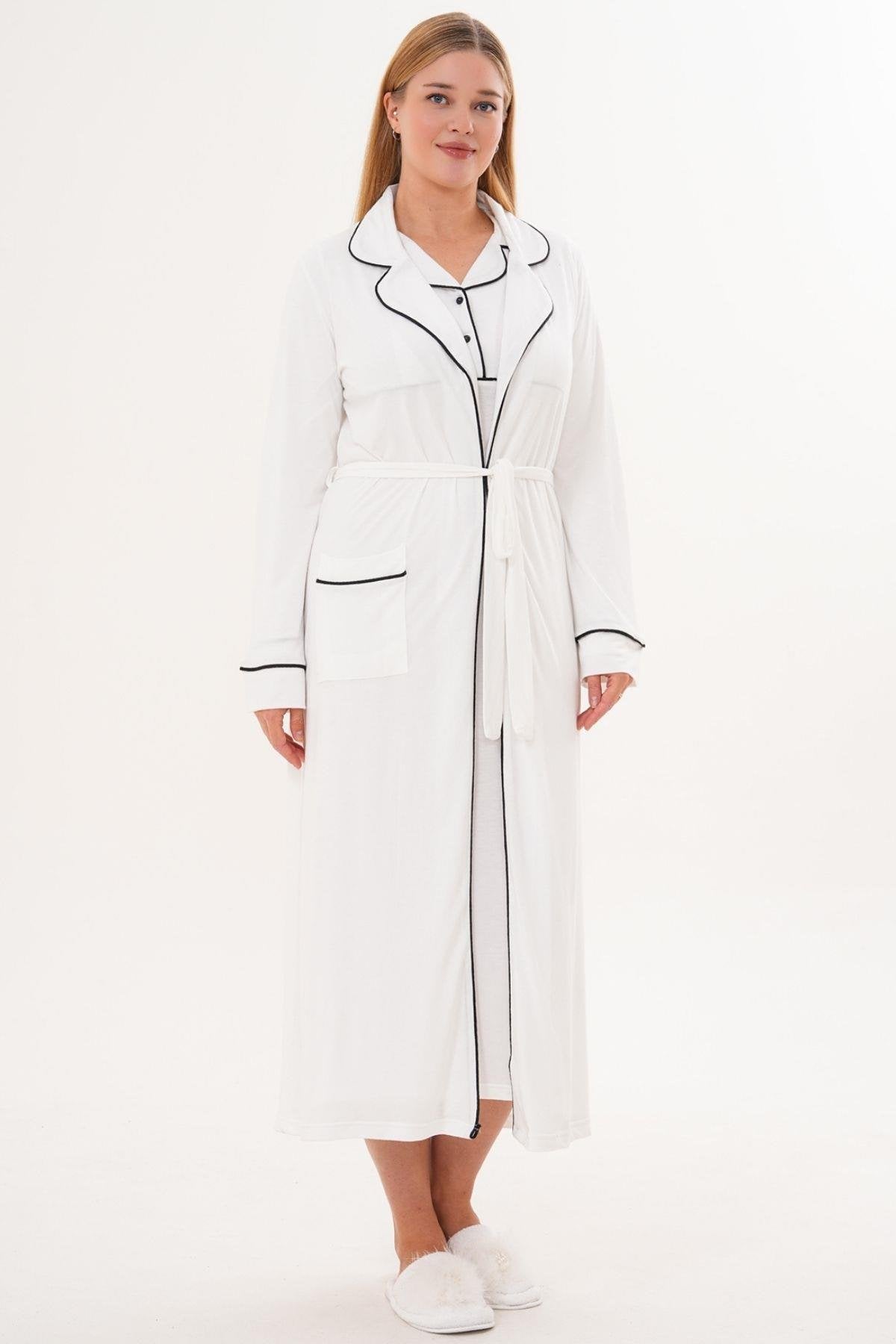 Sabahlık Gecelik Pijama 4'lü Set Ekru - 6335