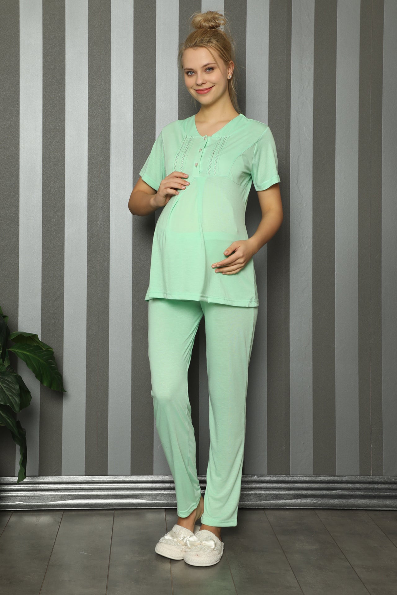 Önden Düğmeli Lohusa Hamile Pijama Takımı -  1143