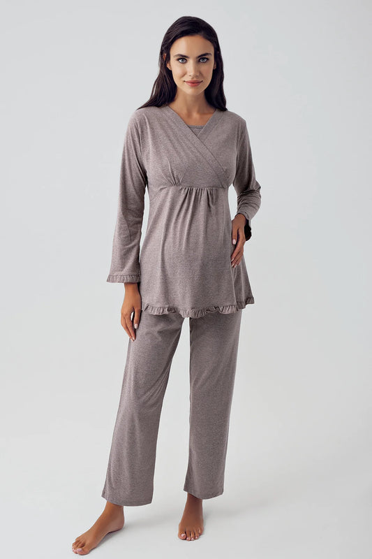 Gizli Emzirme Özellikli Uzun Kollu Lohusa Hamile Pijama Takımı - 13201