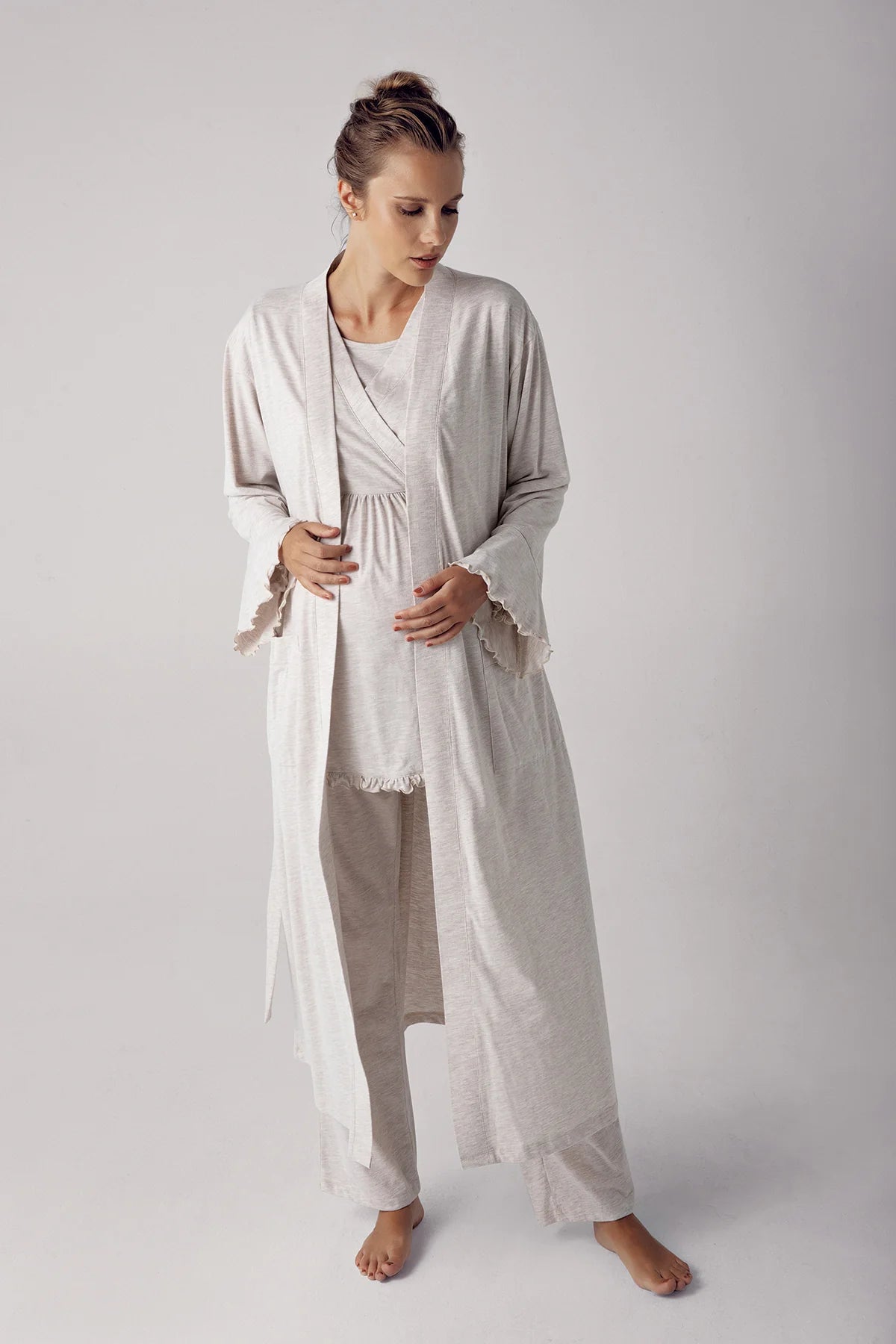 Gizli Emzirme Özellikli Sabahlıklı Lohusa Hamile Pijama Takımı Bej - 13300
