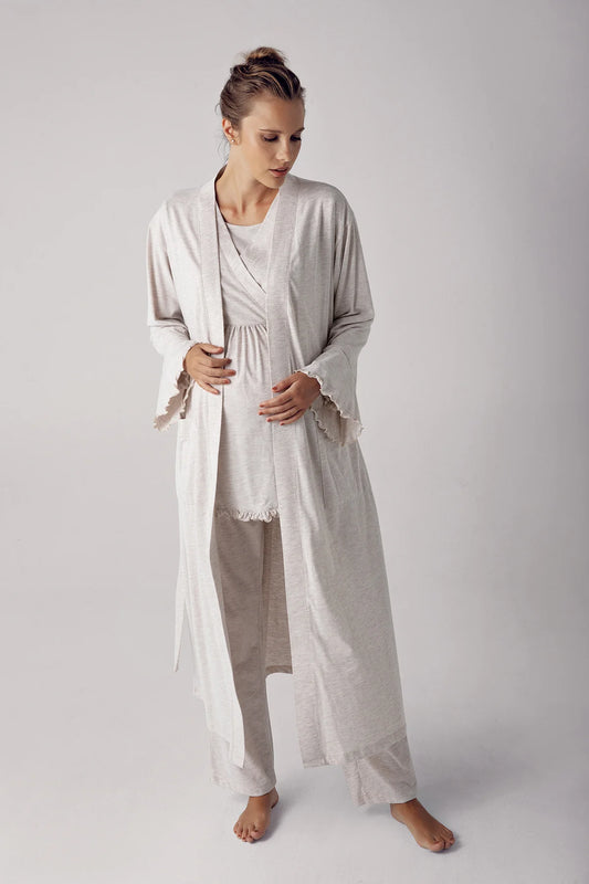 Gizli Emzirme Özellikli Sabahlıklı Lohusa Hamile Pijama Takımı Bej - 13300