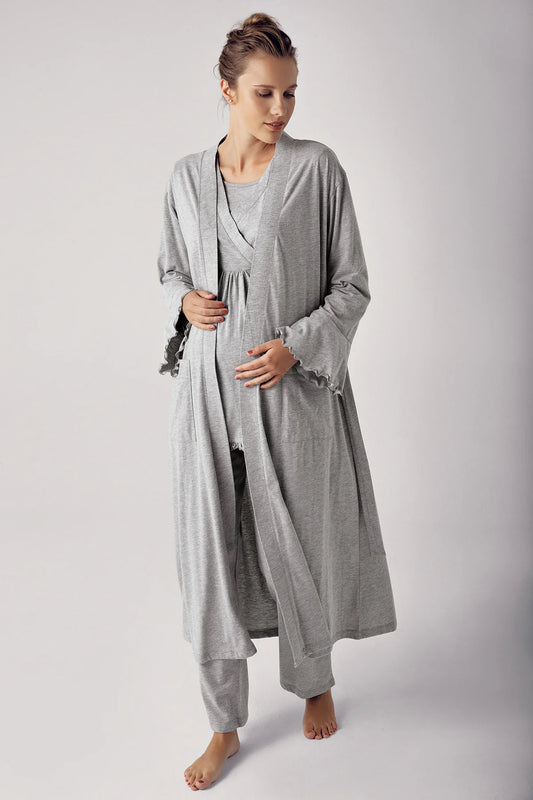 Gizli Emzirme Özellikli Sabahlıklı Lohusa Hamile Pijama Takımı Gri - 13300