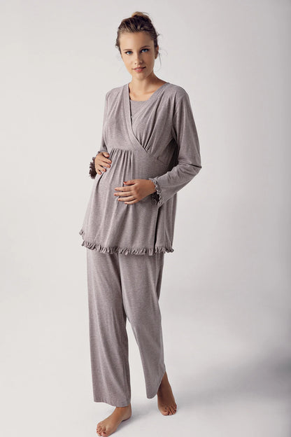 Gizli Emzirme Özellikli Sabahlıklı Lohusa Hamile Pijama Takımı Kahve - 13300