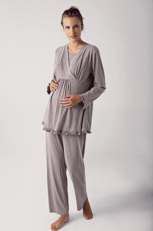 Gizli Emzirme Özellikli Sabahlıklı Lohusa Hamile Pijama Takımı Kahve - 13300