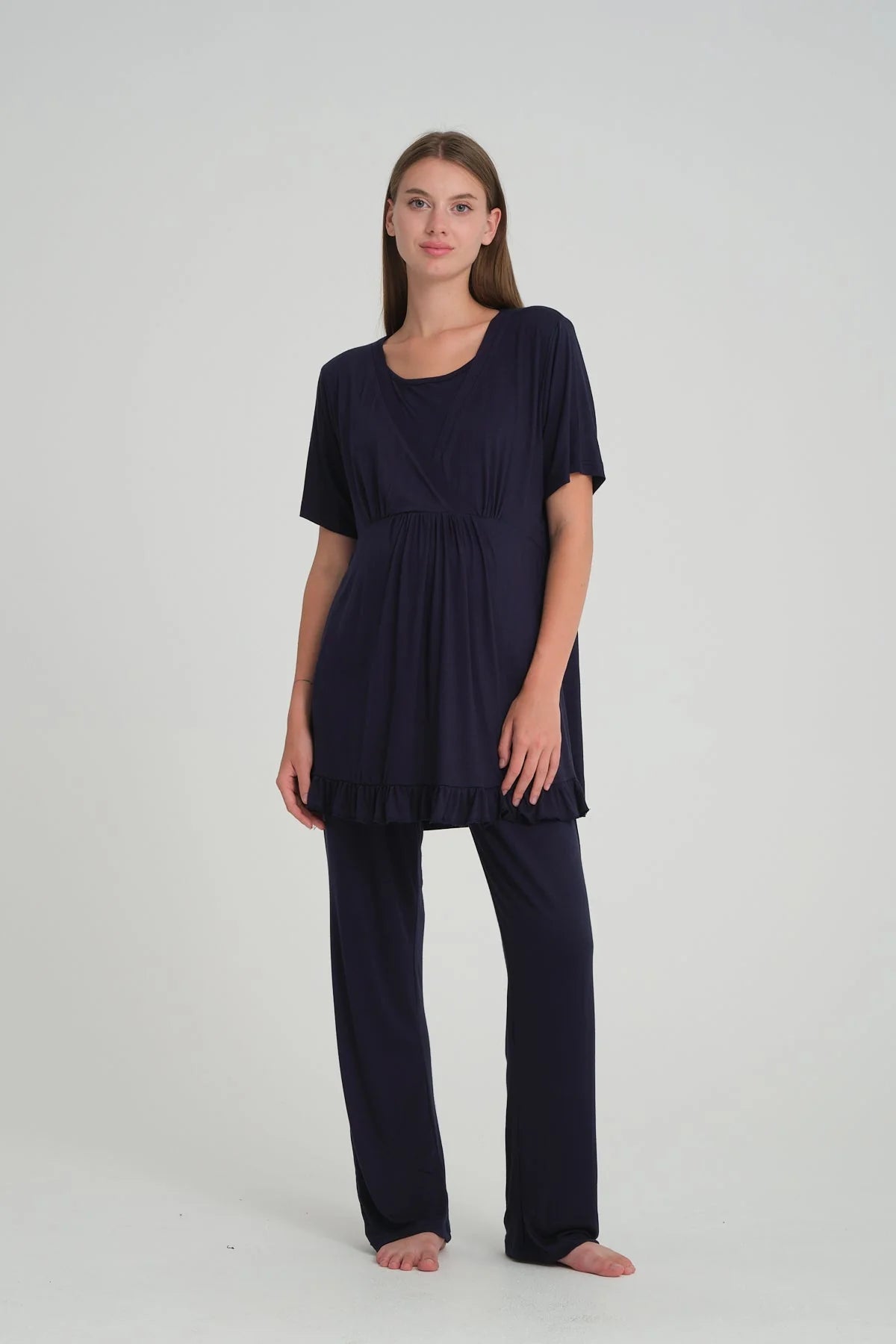 Sabahlıklı V Yaka Emzirme Özellikli Lohusa Pijama Takımı  Lacivert - 532