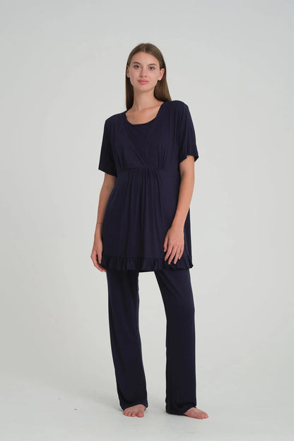 Sabahlıklı V Yaka Emzirme Özellikli Lohusa Pijama Takımı  Lacivert - 532