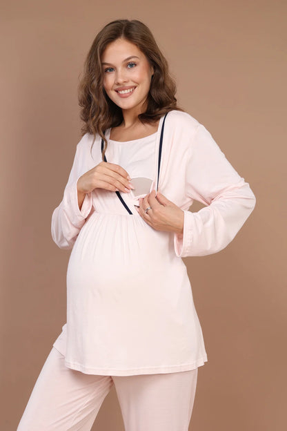 Biyeli Uzun Kollu Sabahlıklı Gizli Emzirme Özellikli Lohusa Hamile Pijama Takımı Pembe - 546