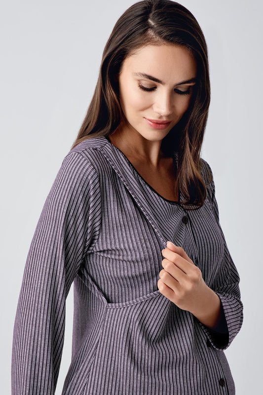 Önden Düğmeli Sabahlıklı Lohusa Hamile Pijama Takımı Mor - 15307