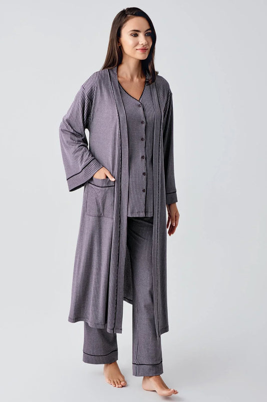 Önden Düğmeli Sabahlıklı Lohusa Hamile Pijama Takımı Mor - 15307