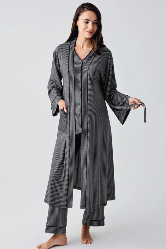 Önden Düğmeli Sabahlıklı Lohusa Hamile Pijama Takımı Siyah - 15307