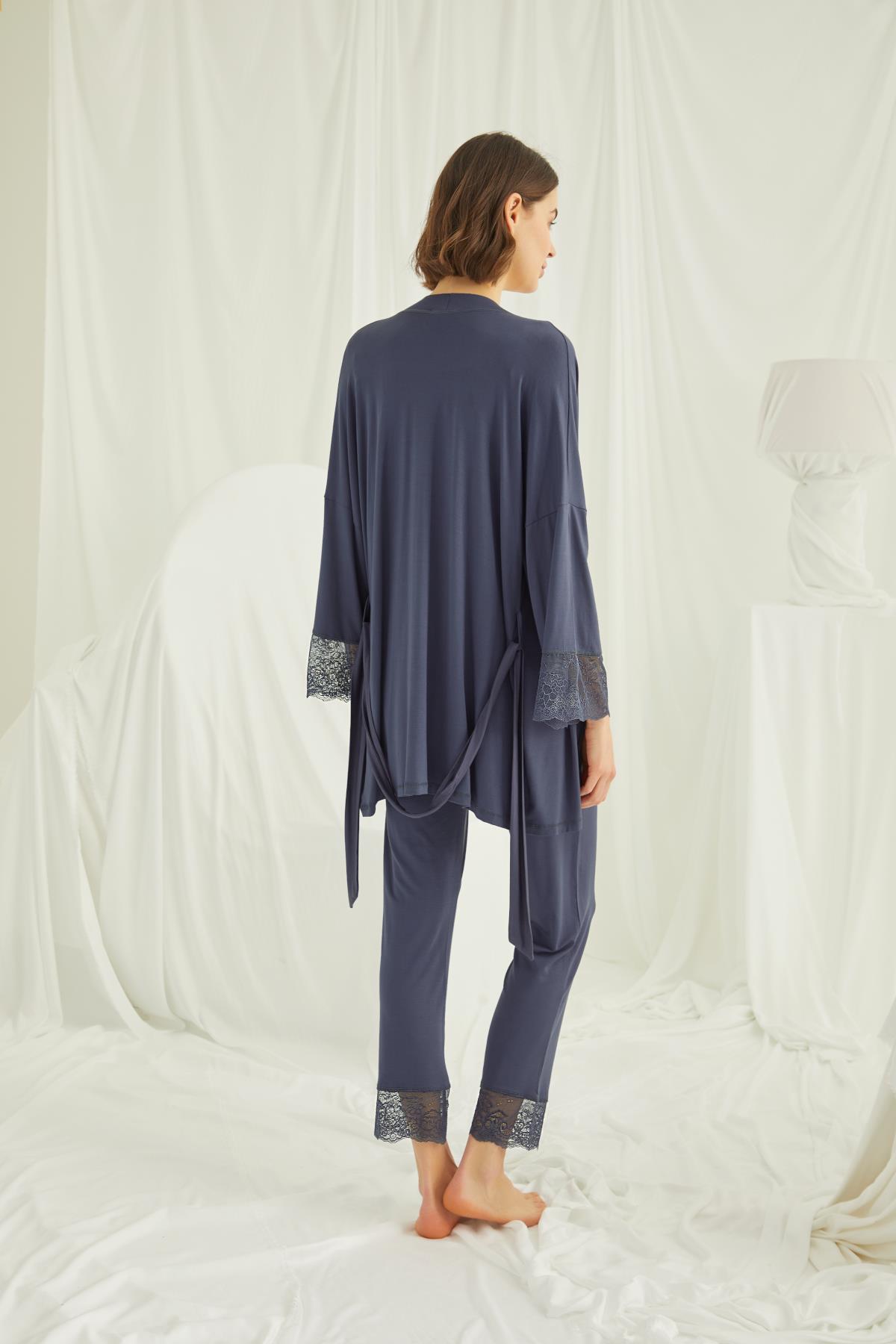 Dantelli Omuz Sabahlıklı Lohusa Pijama Takımı - 18211