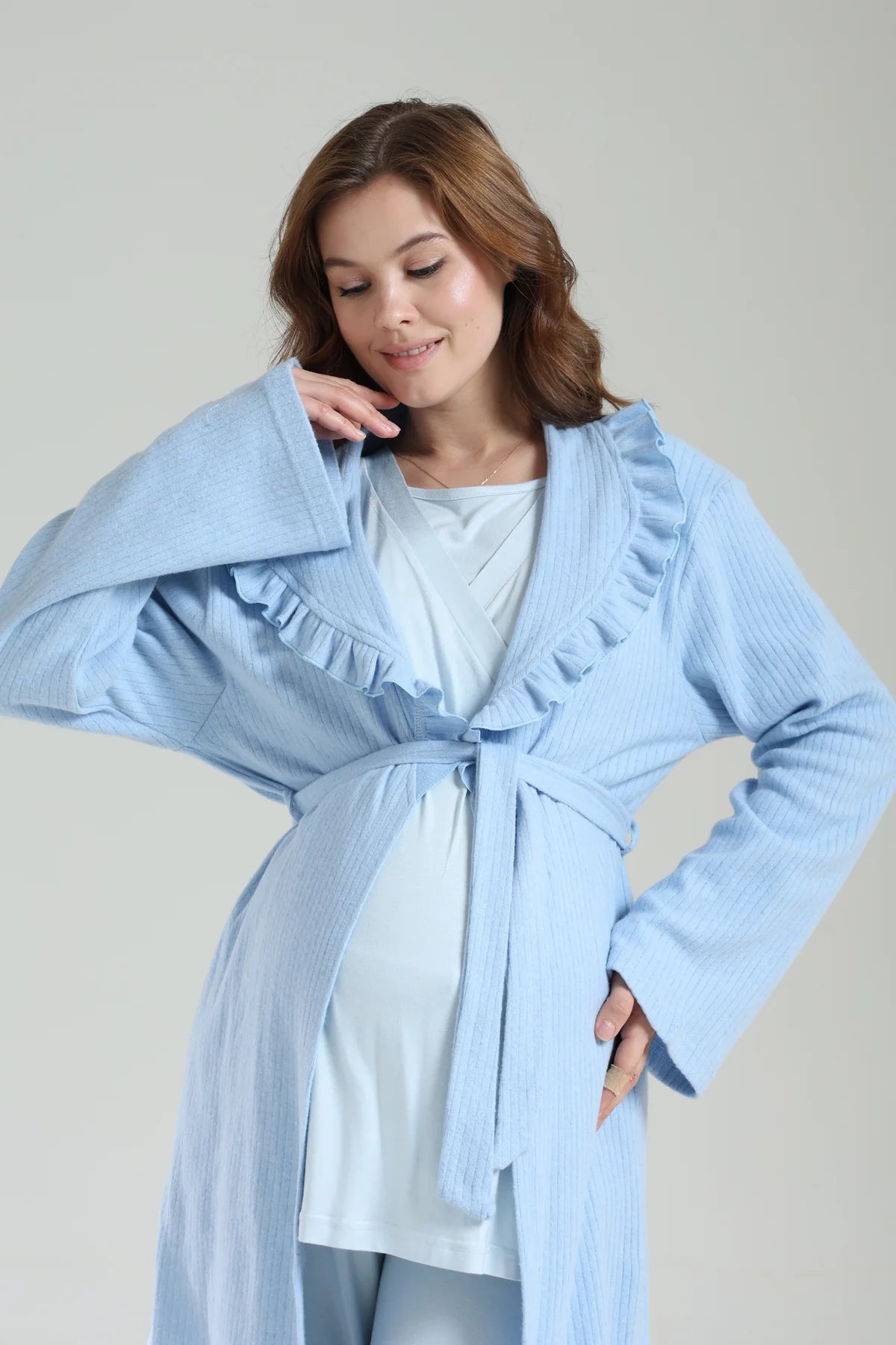 Mavi Kışlık Bebe Yaka Sabahlıklı Kruvaze Lohusa Hamile 3'Lü Pijama Takımı Mavi -1039