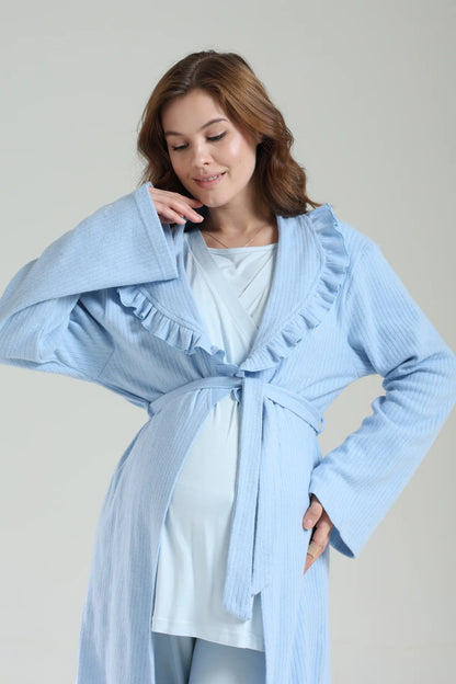 Mavi Kışlık Bebe Yaka Sabahlıklı Kruvaze Lohusa Hamile 3'Lü Pijama Takımı Mavi -1039