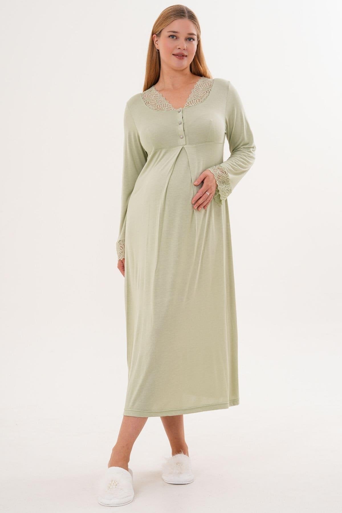 Önden Düğmeli Midi Boy Lohusa Hamile Gecelik Yeşil - 6305