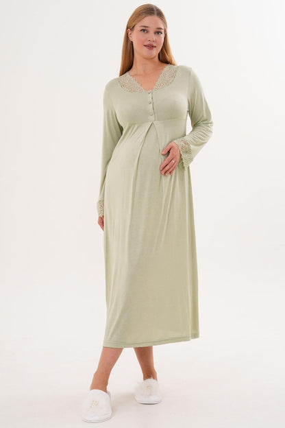 Önden Düğmeli Midi Boy Lohusa Hamile Gecelik Yeşil - 6305