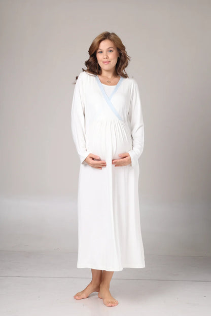 Kışlık Kendinden Desenli Mavi Şerit Detaylı Sabahlıklı Lohusa Hamile Gecelik Takımı Mavi -1017