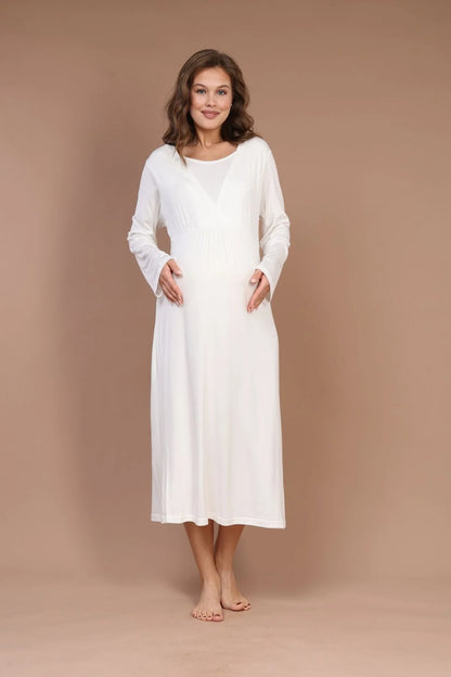 Emzirme Özellikli Sabahlıklı Lohusa Hamile Gecelik Takımı Ekru - 621