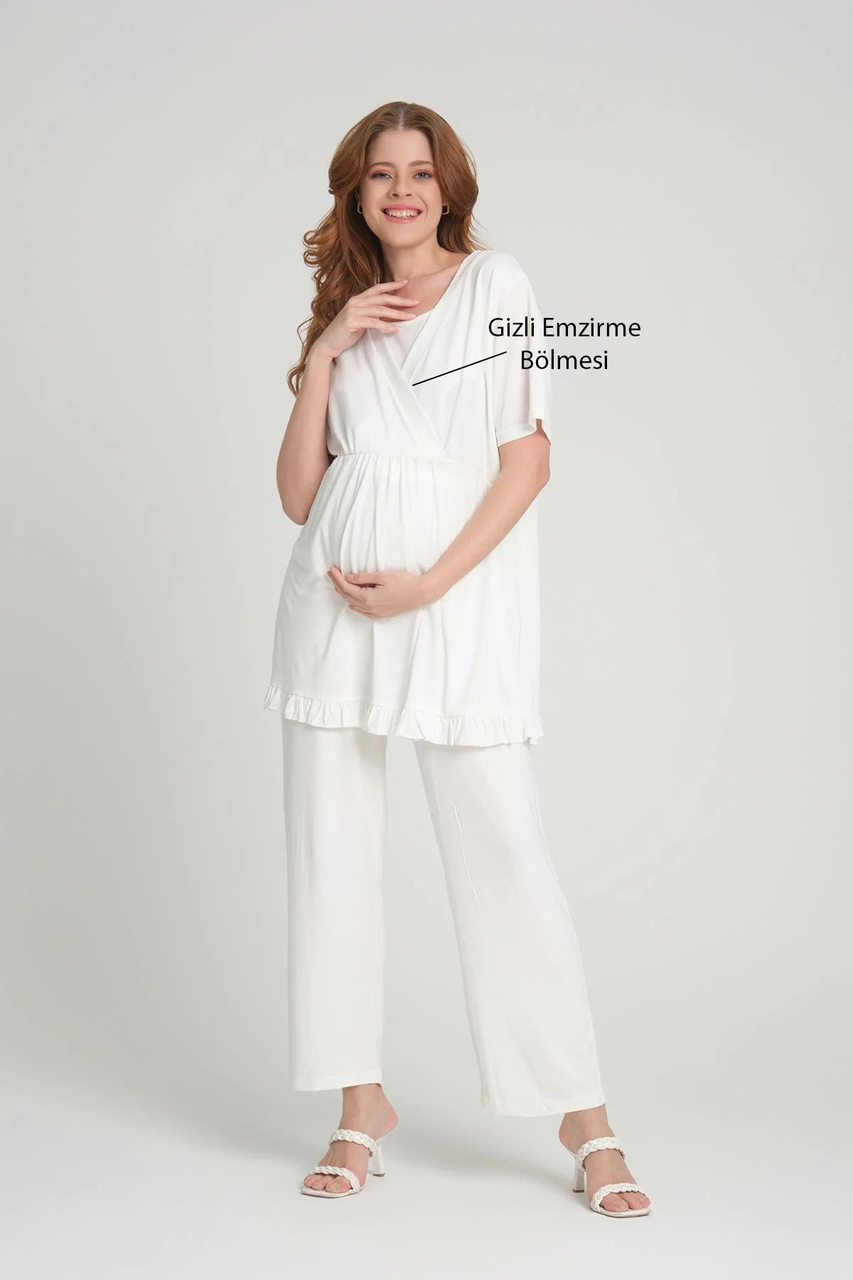 Volan Kol Sabahlıklı Kruvaze Lohusa Pijama Takımı Ekru - 2378