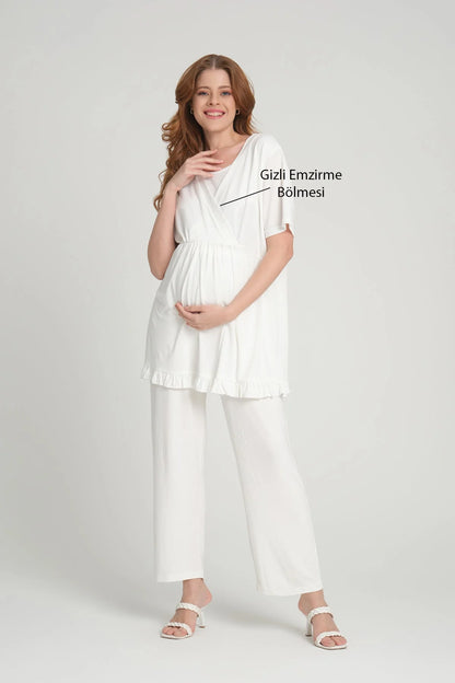 Volan Kol Sabahlıklı Kruvaze Lohusa Pijama Takımı Ekru - 2378