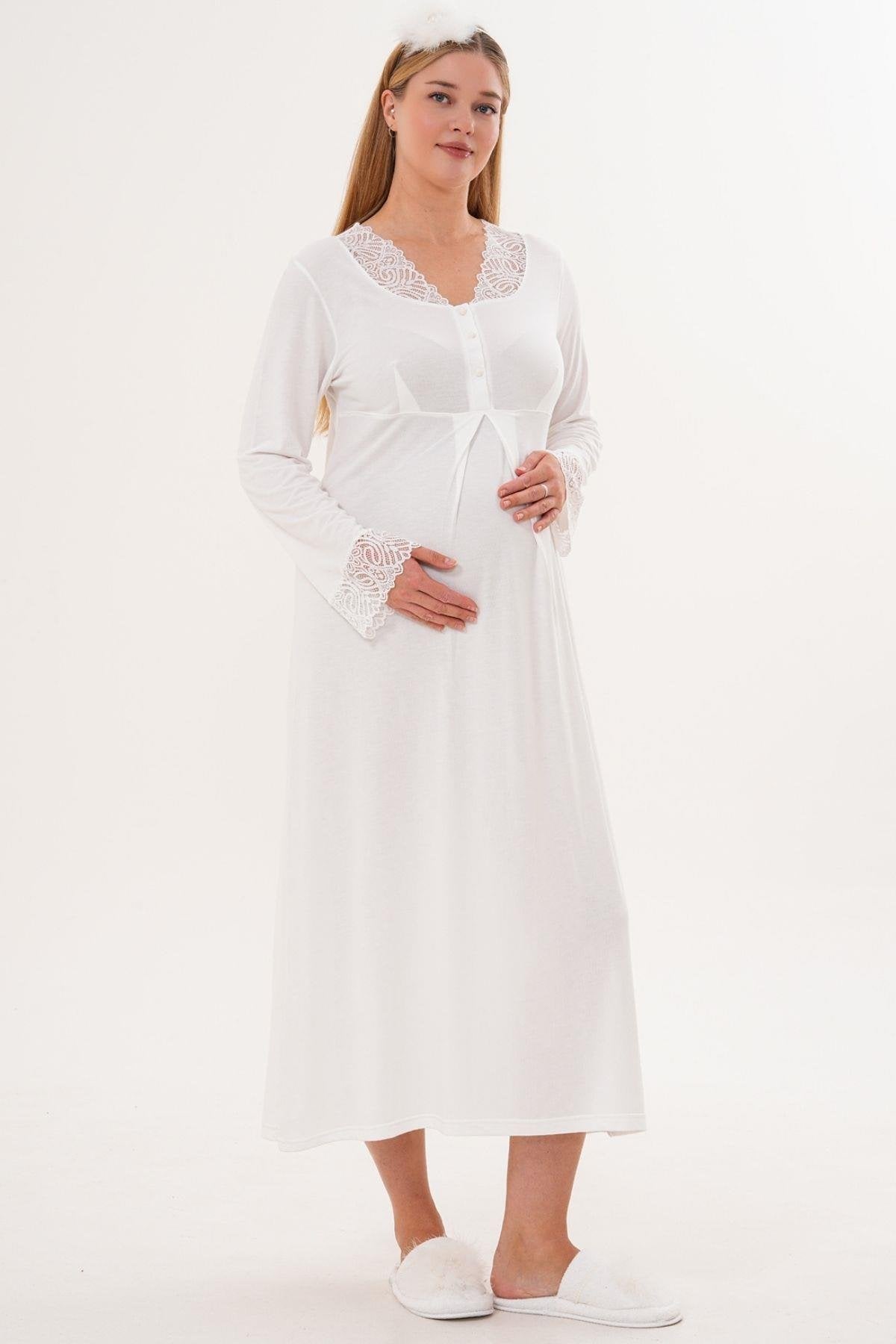 2’Li Sabahlık Gecelik Takımı - Dantel Detay Lohusa Hamile Takım Ekru- 6331