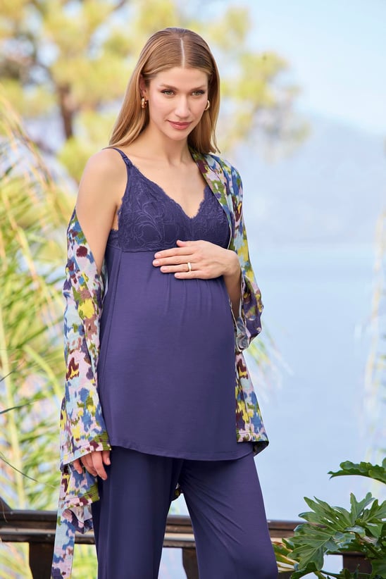 Emzirme Özellikli Askılı Sabahlıklı Lohusa Hamile Pijama Takımı 25054
