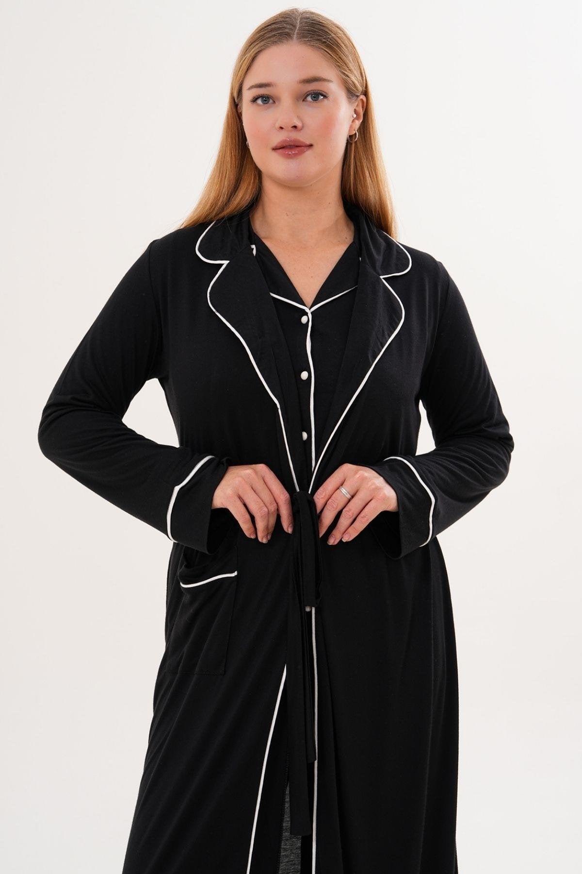 Sabahlık Gecelik Pijama 4'lü Set Siyah - 6335