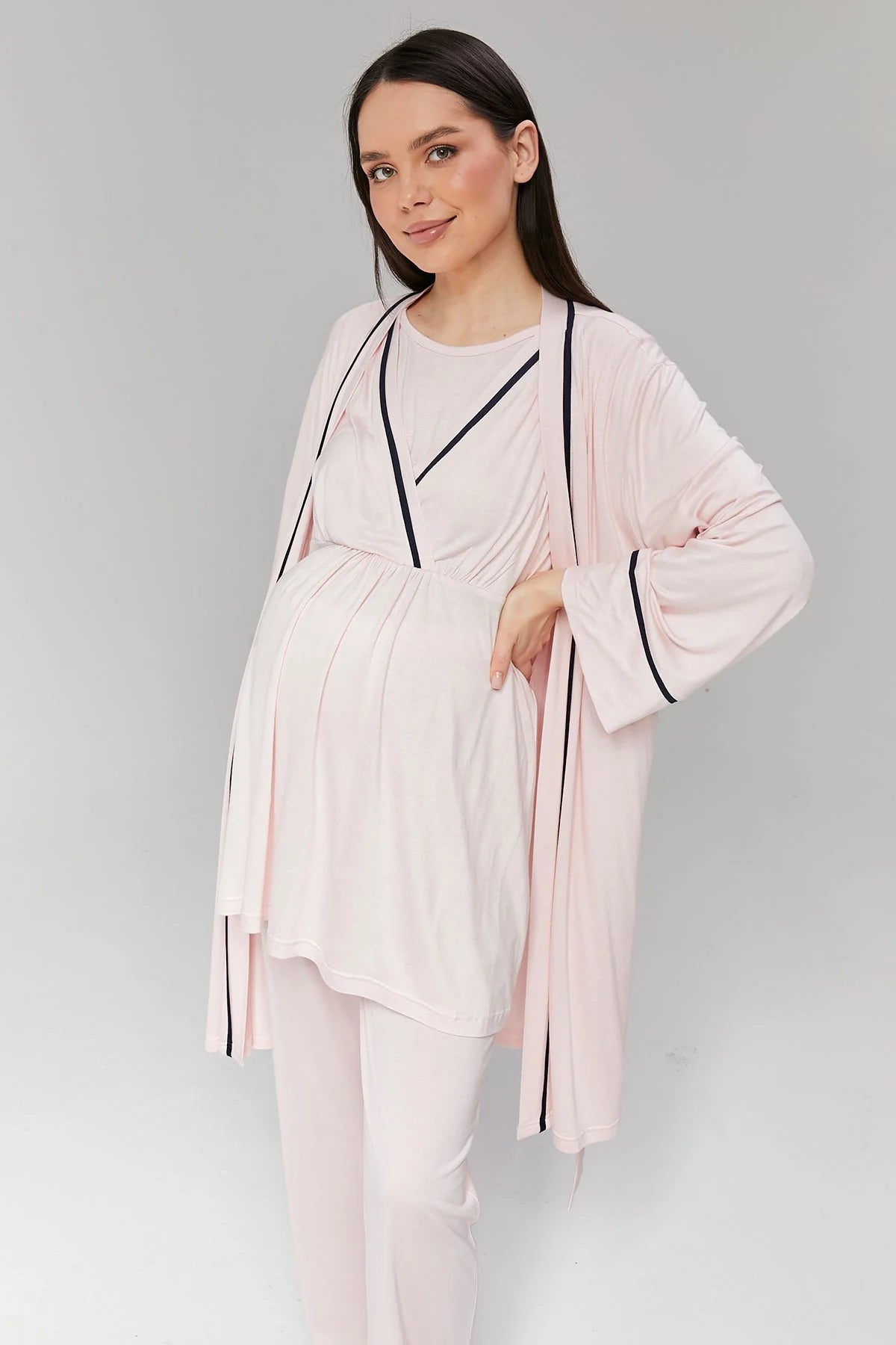 Biyeli Sabahlıklı Kruvaze Lohusa Pijama Takımı Pembe  - 517