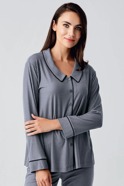Önden Düğmeli Gömlek Yaka Lohusa Hamile Pijama Takımı Füme - 22109