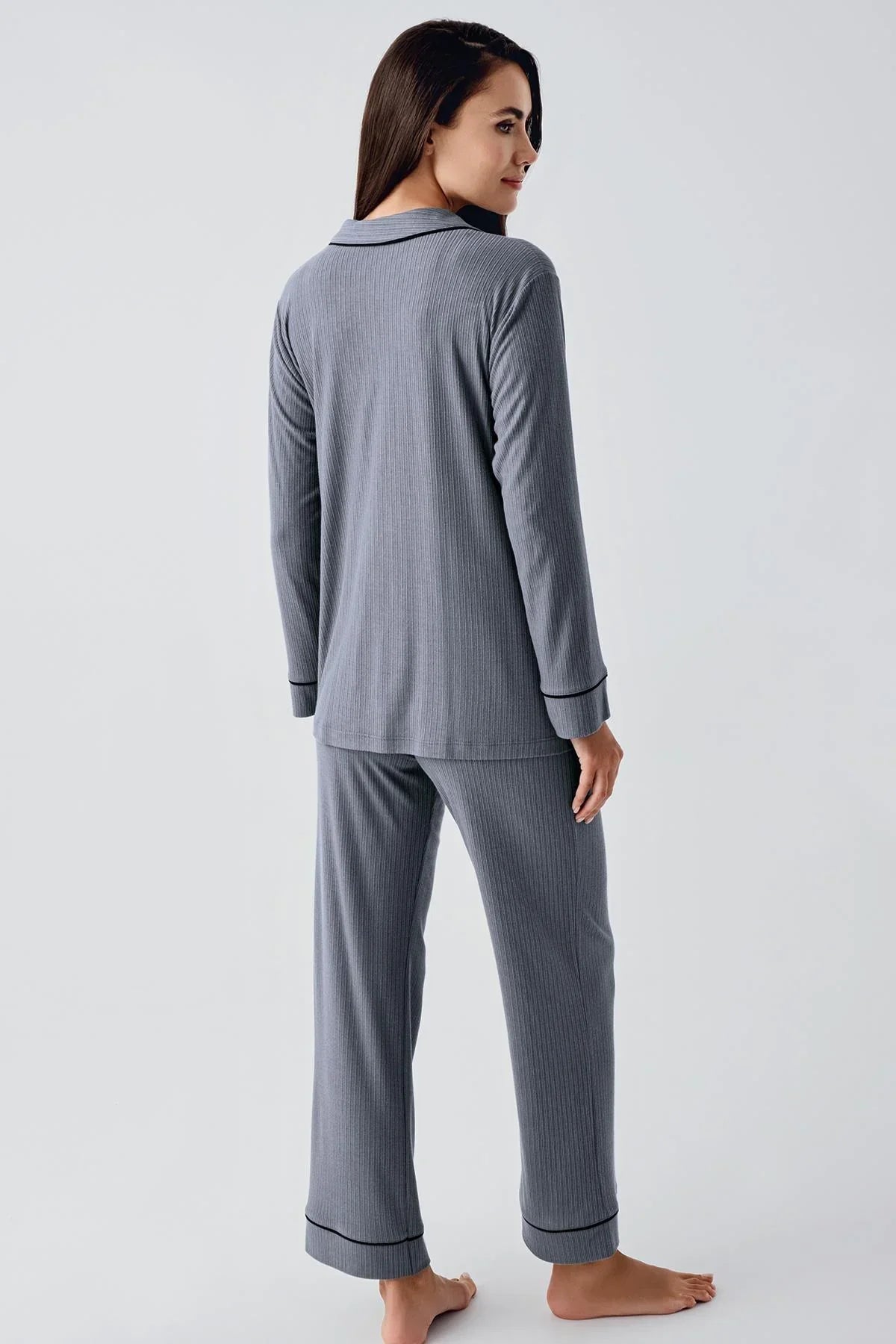 Önden Düğmeli Gömlek Yaka Lohusa Hamile Pijama Takımı Füme - 22109