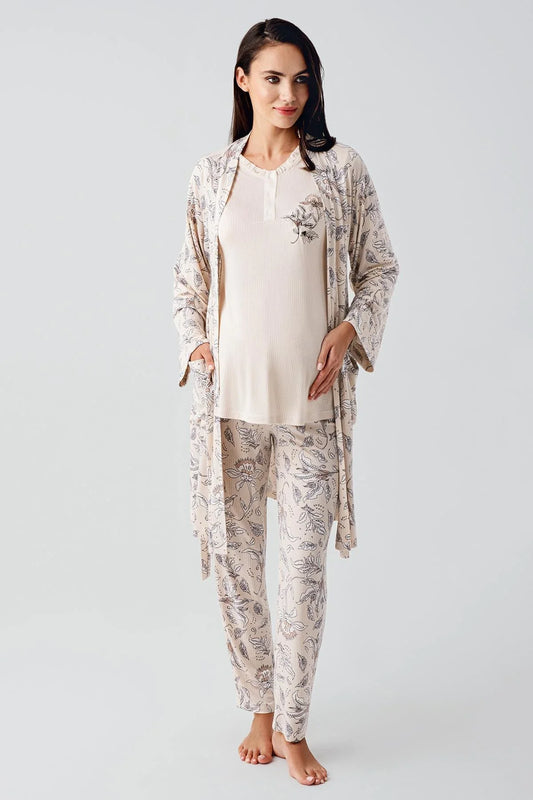 Önden Düğmeli Desenli Sabahlıklı Lohusa Hamile Pijama Takımı Bej - 23100