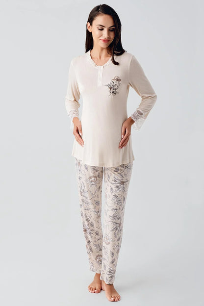 Önden Düğmeli Desenli Sabahlıklı Lohusa Hamile Pijama Takımı Bej - 23100