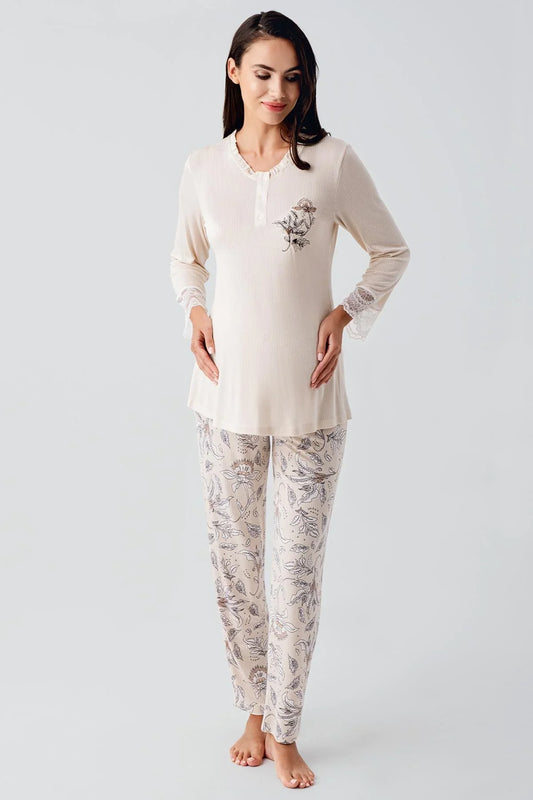 Önden Düğmeli Desenli Sabahlıklı Lohusa Hamile Pijama Takımı Bej - 23100