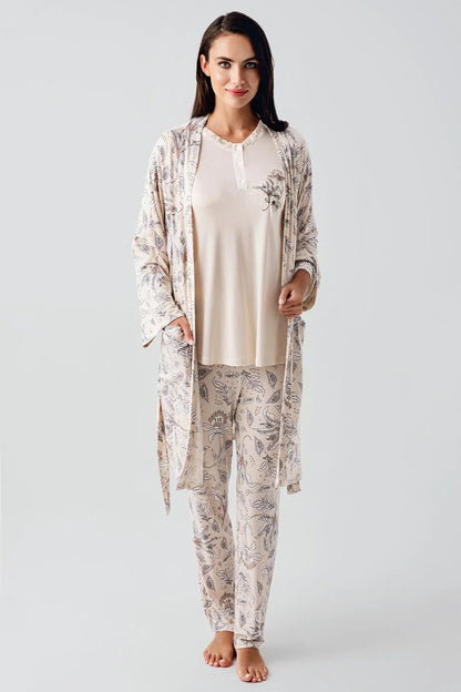 Önden Düğmeli Desenli Sabahlıklı Lohusa Hamile Pijama Takımı Bej - 23100