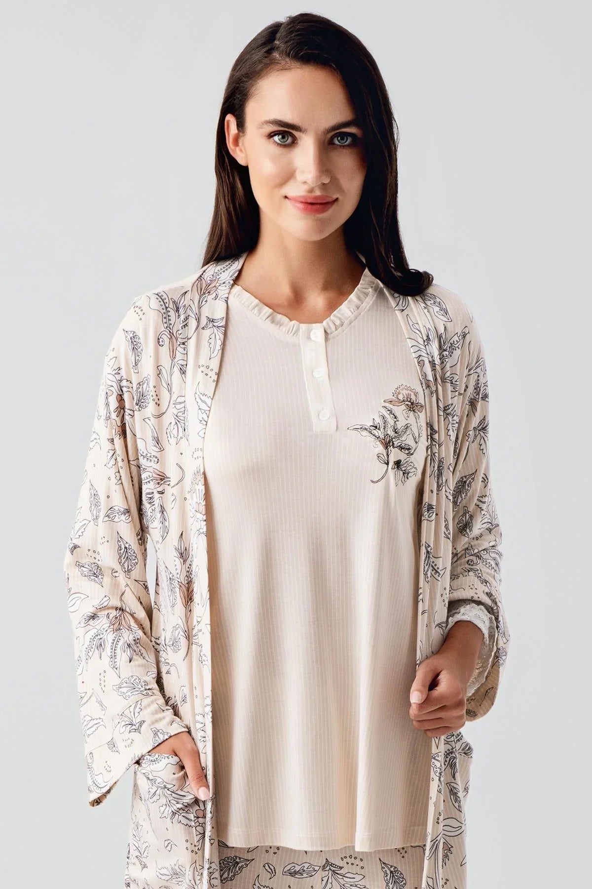 Önden Düğmeli Desenli Sabahlıklı Lohusa Hamile Pijama Takımı Bej - 23100