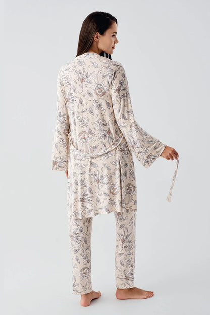 Önden Düğmeli Desenli Sabahlıklı Lohusa Hamile Pijama Takımı Bej - 23100